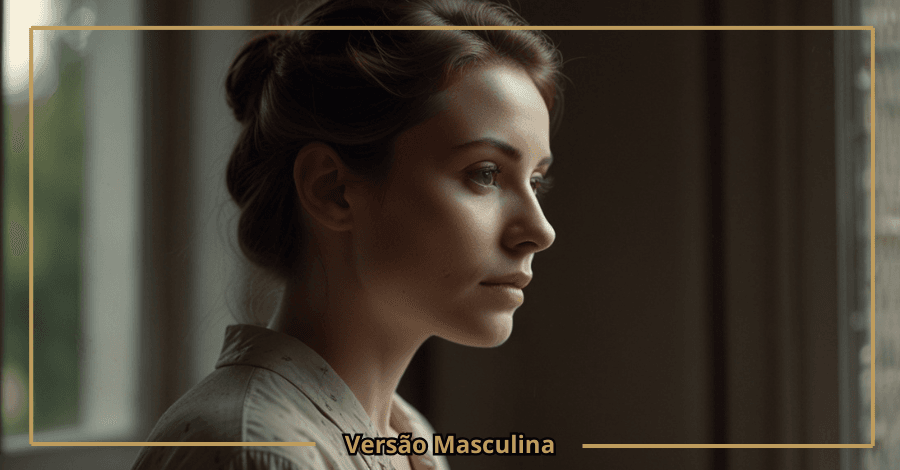 Mulher pensativa à janela com expressão distante, simbolizando mudança no comportamento masculino após a conquista.