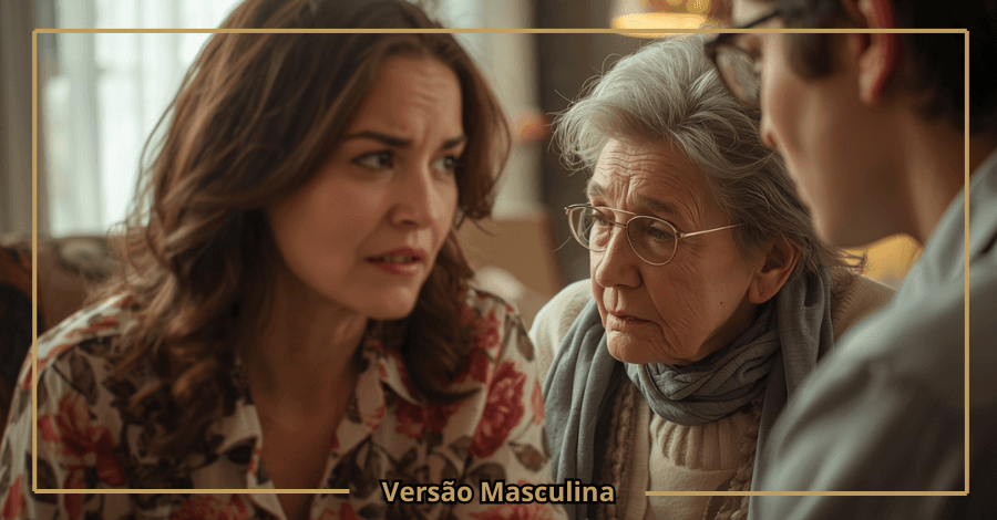 Mulher desconfortável com a sogra enquanto o parceiro tenta mediar a situação