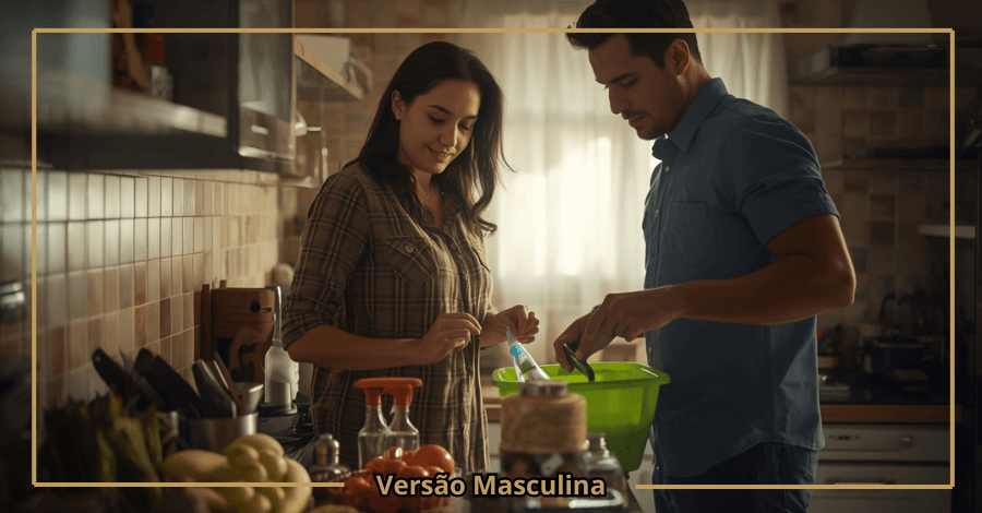 Casal a dividir tarefas domésticas em casa